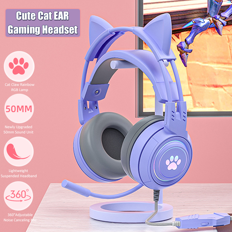 귀여운 고양이 귀 게임용 헤드폰, 마이크 포함, 소음  - Pc Gaming Pink 리뷰 및 가격